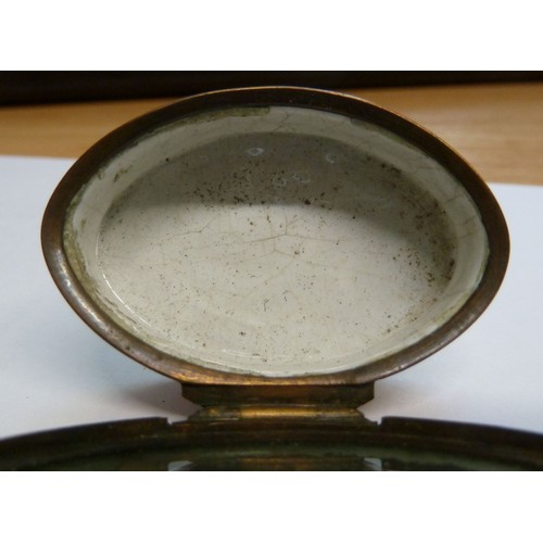 27 - 18TH CENTURY OVAL ENAMEL PATCH BOX painted in colours with flowers between laurel and fern fronds, o... 