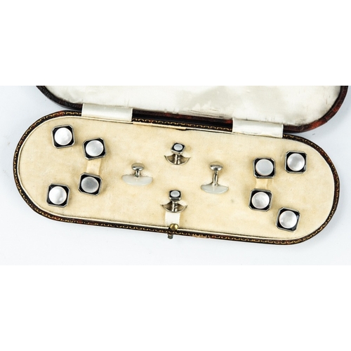 153 - SET OF 'PLATIMO' SET OF DRESS STUDS, etc., with square tops with mother of pearl and black enamelled... 