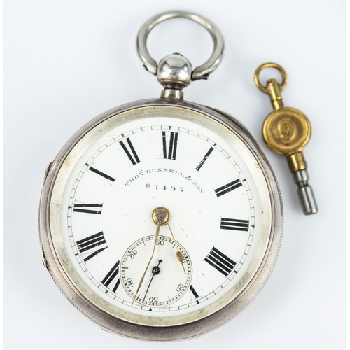 55 - THOMAS RUSSELL, LIVERPOOL, VICTORIAN SILVER OPEN FACED POCKET WATCH, with key wind movement and the ... 