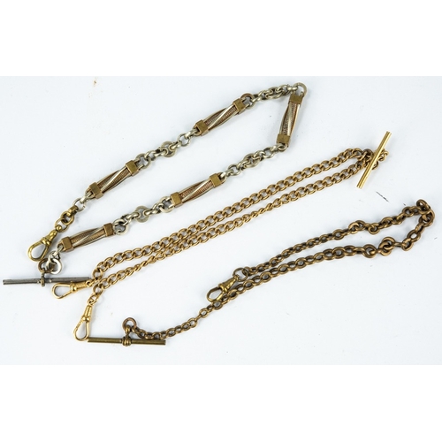 54 - GOLD PLATED CURB PATTERN DOUBLE WATCH CHAIN, with two clips and guard and TWO METAL SINGLE WATCH CHA... 