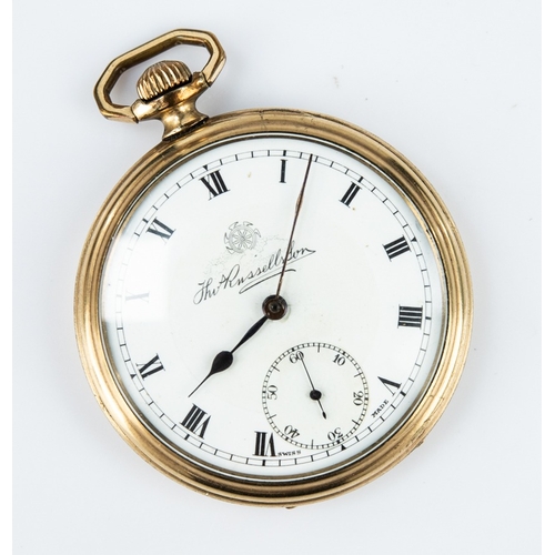 53 - THOMAS RUSSELL, LIVERPOOL, GOLD PLATED OPEN FACED DRESS POCKET WATCH, with keyless movement, white r... 