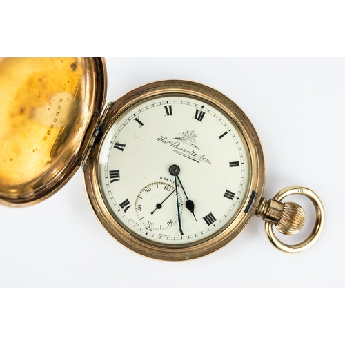 52 - THOMAS RUSSELL, LIVERPOOL, PREMIER GOLD PLATED HUNTING CASED POCKET WATCH, with keyless movement, wh... 