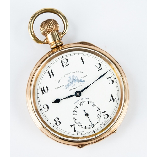 51 - THOMAS RUSSELL, LIVERPOOL, GOLD PLATED OPEN FACED POCKET WATCH, with keyless movement, white arabic ... 