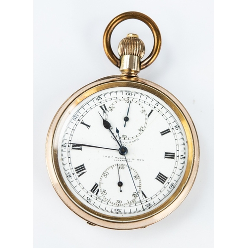 49 - GOLD PLATED OPEN FACED POCKET WATCH, with keyless movement, white roman dial with two subsidiary dia... 
