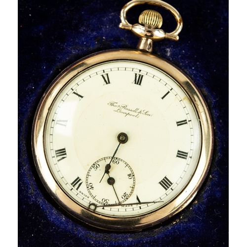 48 - THOMAS RUSSELL, LIVERPOOL, GOLD PLATED OPEN FACED POCKET WATCH, with keyless movement, white roman d... 