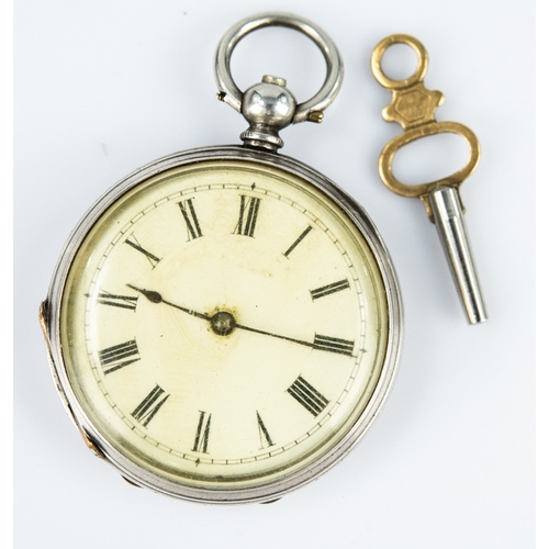 47A - ENGRAVED SILVER COLOURED METAL LADY'S OR FOB WATCH, with key wind movement, white roman dial, marked... 