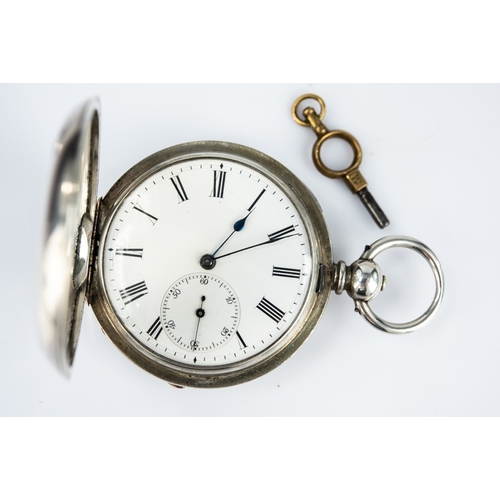 47 - SILVER HUNTING CASED POCKET WATCH, with key wind movement, with white roman dial with subsidiary sec... 
