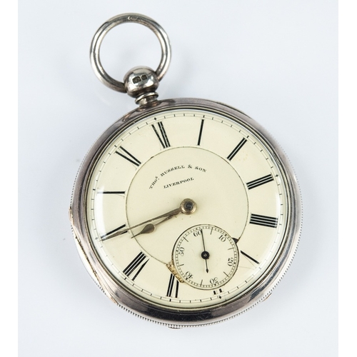 46 - THOMAS RUSSELL, LIVERPOOL, VICTORIAN SILVER OPEN FACED POCKET WATCH with key wind movement, two-part... 