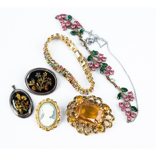159 - SELECTION OF VINTAGE COSTUME JEWELLERY including a filigree bell-flower pendant simulated garnet bro... 