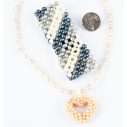 155 - FRESHWATER PEARL NECKLACE with pearl open heart pendant; an ELASTICATED THREE COLOUR BROAD BRACELET ... 