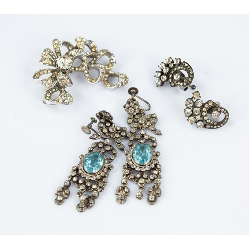 164 - MICHAEL MAYER PASTE SET BOW PATTERN COSTUME BROOCH; PAIR OF PASTE SET DROP EARRINGS, screw fastening... 