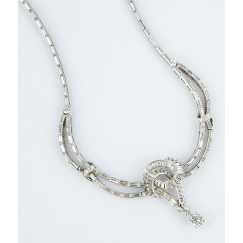 122 - PLATINUM AND DIAMOND NECKLACE, the two row front with knot pattern front with solitaire diamond drop... 