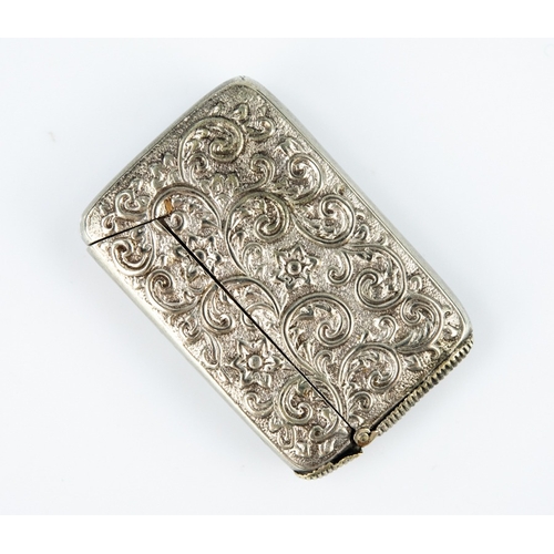 168 - VICTORIAN PATENT SILVER PLATED SIDE OPENING VESTA BOX, repousse with flowers and scrolls, patent reg... 