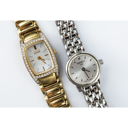 34 - LADY'S TISSOT SWISS WRIST WATCH, 'LOVELY' SERIES, with quartz movement, integral link bracelet; and ... 