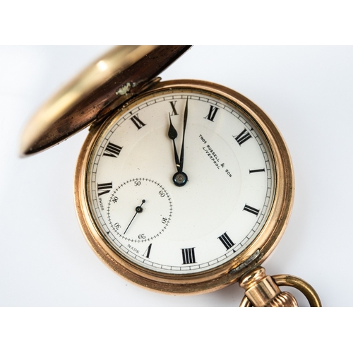 33 - THOMAS RUSSELL & SON GOLD PLATED HUNTER POCKET WATCH with keyless movement, the white Roman dial... 
