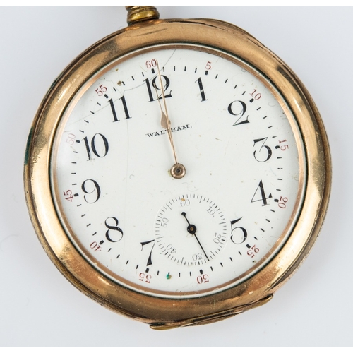 32 - WALTHAM OPEN FACED POCKET WATCH, in Star rolled gold case, keyless movement, white arabic dial with ... 