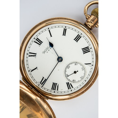 31 - WALTHAM 9ct GOLD HUNTER POCKET WATCH with keyless movement, four-part case, white circular roman dia... 