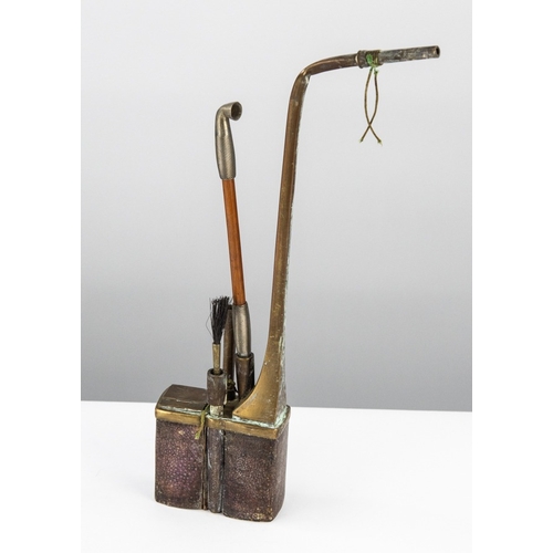 167 - ANTIQUE ORIENTAL BRONZE AND SHAGREEN WATER PIPE, 14” (35.6cm) high, upper section of pipe bent and l... 