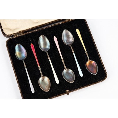170 - CASED SET OF SIX SILVER COLOURED METAL (830 STANDARD) AND HARLEQUIN ENAMELLED COFFEE SPOONS, enamell... 