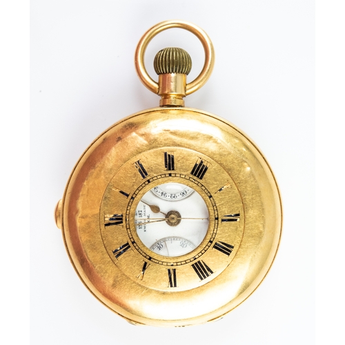 20 - 18K GOLD DEMI HUNTER PICKET WATCH with Swiss keyless movement, circular white Roman dial inscribed S... 