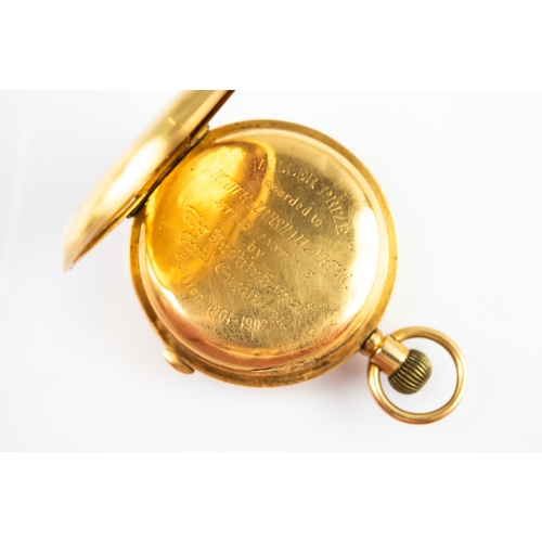 20 - 18K GOLD DEMI HUNTER PICKET WATCH with Swiss keyless movement, circular white Roman dial inscribed S... 