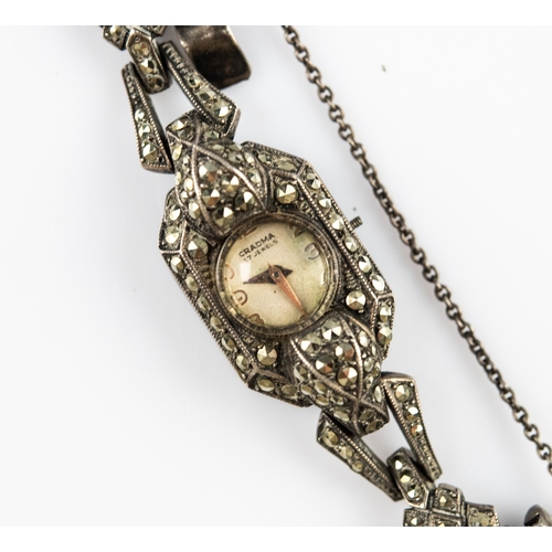 11 - GRADMA LADY'S ART DECO MARCASITE COCKTAIL WATCH with 17 jewels movement, small circular silvered dia... 