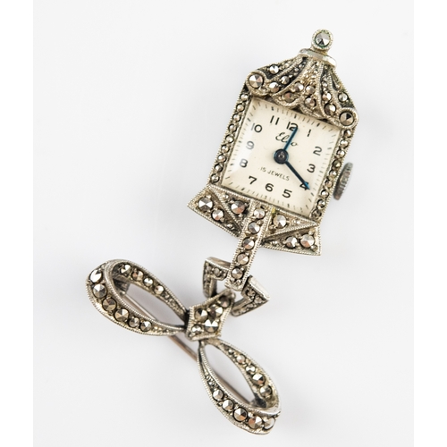 10 - ELCO ART DECO FOB WATCH, with 15 jewel movement, small silvered, arabic dial, in marcasite case susp... 