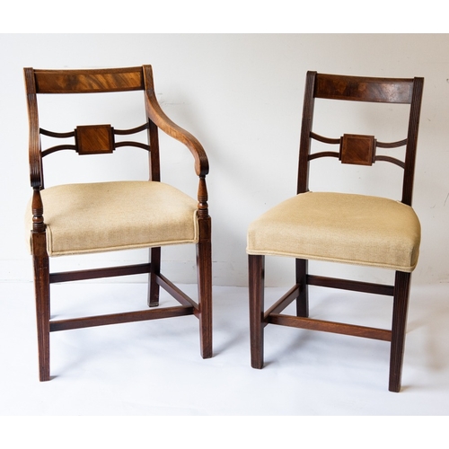 76 - SET OF EIGHT (6+2) EARLY NINETEENTH CENTURY MAHOGANY DINING CHAIRS, each with flame cut veneered top... 