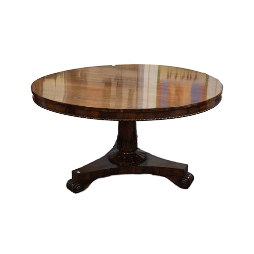 78 - WILLIAM IV CARVED ROSEWOOD PEDESTAL CENTRE TABLE, the circular tilt-top with bobbin and reel moulded... 