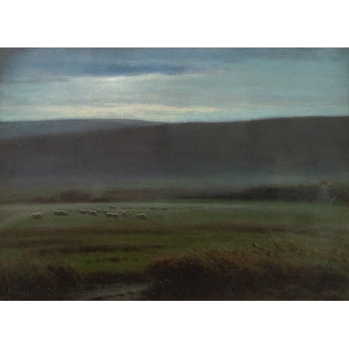 119 - JOSEPH KNIGHT (1837-1909) OIL ON BOARD‘Moon-Light’, sheep in a landscapeSigned and dated 1900, furth... 