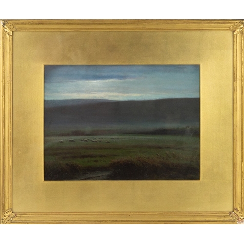 119 - JOSEPH KNIGHT (1837-1909) OIL ON BOARD‘Moon-Light’, sheep in a landscapeSigned and dated 1900, furth... 