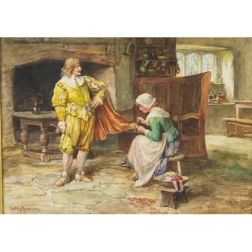 94 - FRANCES SYDNEY MUSCHAMP (1851-1929)WATERCOLOURPeriod interior with cavalier having his cloak repaire... 