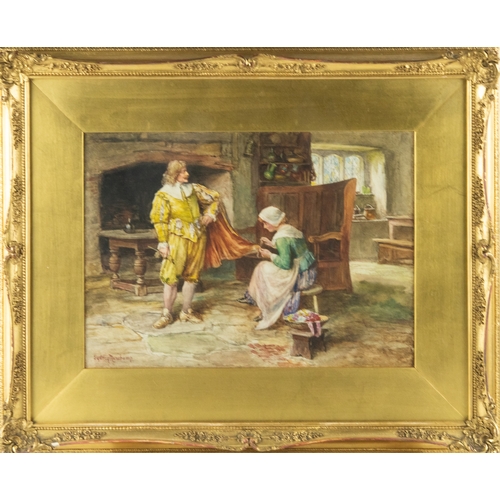 94 - FRANCES SYDNEY MUSCHAMP (1851-1929)WATERCOLOURPeriod interior with cavalier having his cloak repaire... 