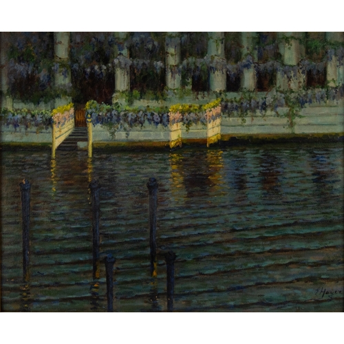 118 - E HOYER (TWENTIETH CENTURY) OIL ON BOARDVenetian canal side palaceSigned 18” x 21 ½” (45.7cm x 54.6c... 