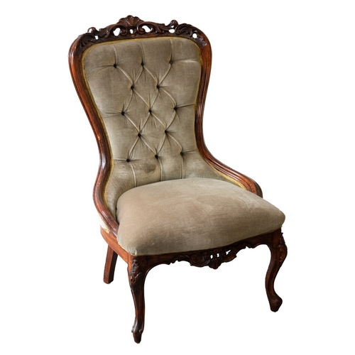 61 - VICTORIAN CARVED AND MAHOGANY STAINED BEECH LADY’S CHAIR, the moulded frame with scroll pierced cres... 