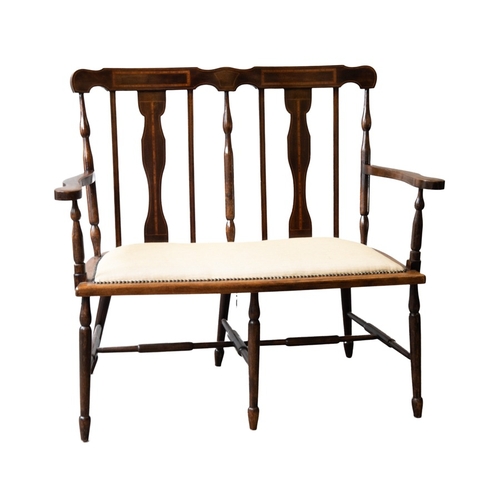 60 - EDWARDIAN LINE INLAID MAHOGANY STAINED BIRCH TWO SEATER DRAWING ROOM SETTEE, the show wood frame wit... 