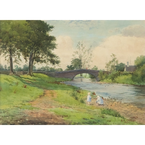 113 - ALLEN R GLADWELL (NINETEENTH/ TWENTIETH CENTURY)WATERCOLOURRiverscape with stone bridge and children... 
