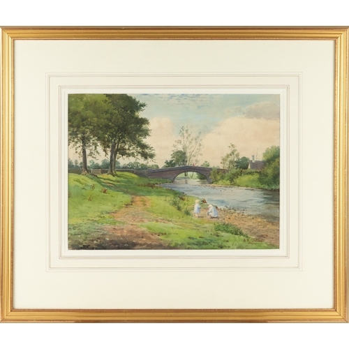 113 - ALLEN R GLADWELL (NINETEENTH/ TWENTIETH CENTURY)WATERCOLOURRiverscape with stone bridge and children... 