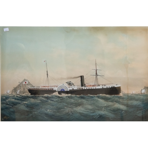 116 - 19TH CENTURY JAPANESE SCHOOL GOUACHE DRAWING 'Ship Portrait' The steamship paddle steamer 'Tokyo Mur... 
