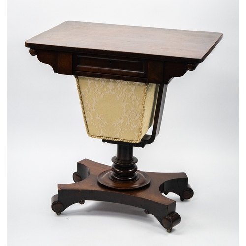 92 - EARLY NINETEENTH CENTURY MAHOGANY PEDESTAL WORK TABLE, the rounded oblong top above a moulded frieze... 