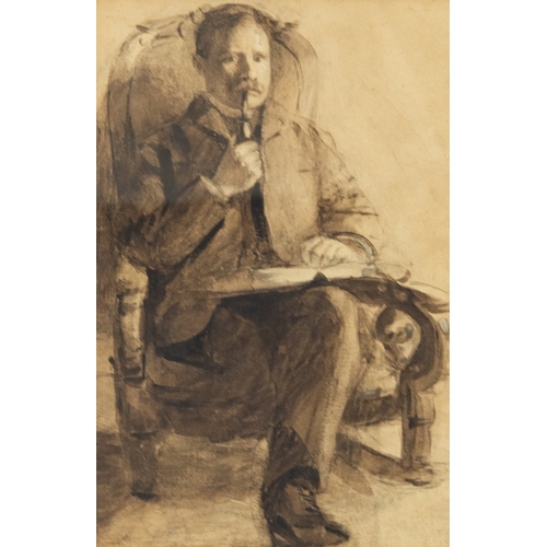 95 - EUROPEAN SCHOOL (Late Nineteenth Century) SEPIA DRAWING A man seated in an armchair smoking a pipe, ... 
