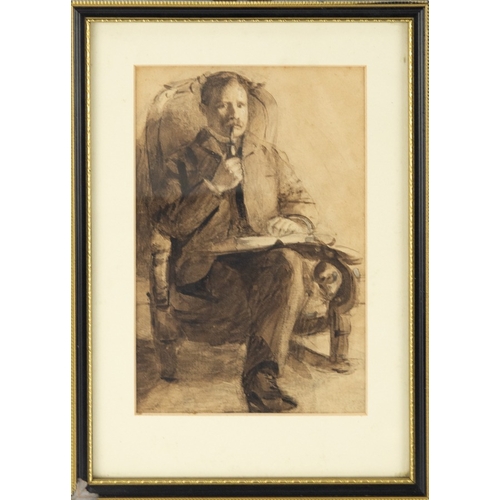 95 - EUROPEAN SCHOOL (Late Nineteenth Century) SEPIA DRAWING A man seated in an armchair smoking a pipe, ... 