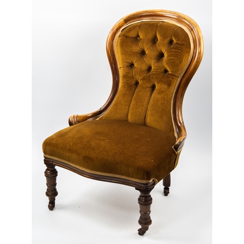 89 - VICTORIAN MAHOGANY GENT’S EASY ARMCHAIR AND A SIMILAR LADY’S CHAIR, each with moulded show- wood fra... 