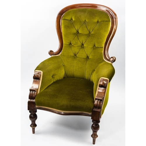 89 - VICTORIAN MAHOGANY GENT’S EASY ARMCHAIR AND A SIMILAR LADY’S CHAIR, each with moulded show- wood fra... 