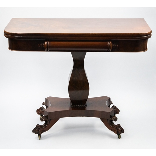 88 - EARLY NINETEENTH CENTURY FIGURED MAHOGANY PEDESTAL TEA TABLE, the flame cut, rounded oblong top, enc... 