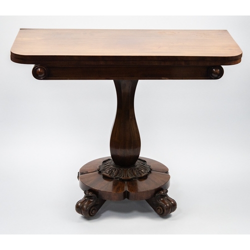 84 - WILLIAM IV MAHOGANY PEDESTAL TEA TABLE, the rounded oblong swivel top, enclosing a polished interior... 
