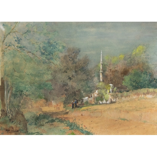 97 - NOEL HARRY LEVER (1889-1951)WATERCOLOUR Rural Middle Eastern scene with figures and mosqueSigned9 ¼”... 
