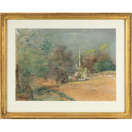 97 - NOEL HARRY LEVER (1889-1951)WATERCOLOUR Rural Middle Eastern scene with figures and mosqueSigned9 ¼”... 