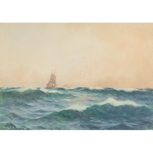 99 - SAMUEL JOHN MILTON BROWN (1873-1965)WATERCOLOUR Rough seas with clipper under sail in the distanceSi... 