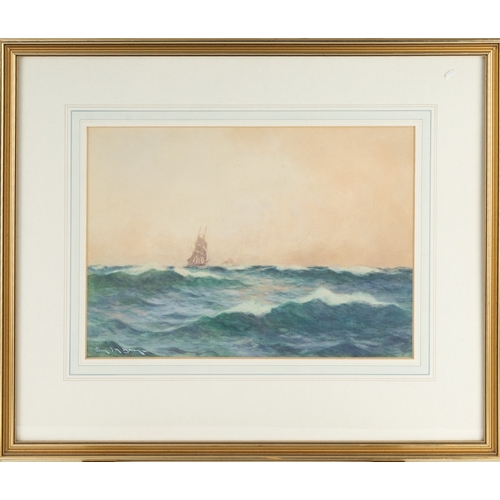 99 - SAMUEL JOHN MILTON BROWN (1873-1965)WATERCOLOUR Rough seas with clipper under sail in the distanceSi... 